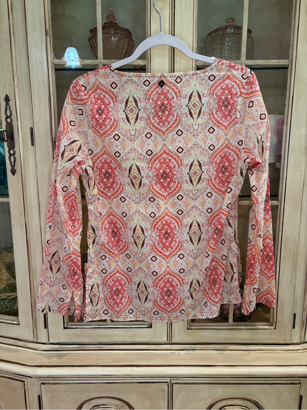 Prana Coral Pink and Cream Patterned Long-Sleeve Keyhole Tunic